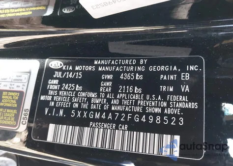 2015 Kia Optima Lx из США, поврежденный, VIN 5XXGM4A72FG498523